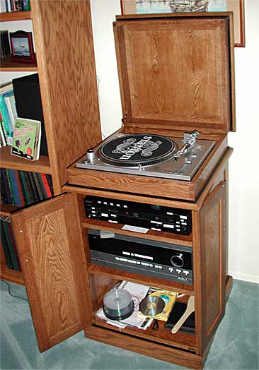 Sam Furrow Oak Stereo Cabinet Open View
